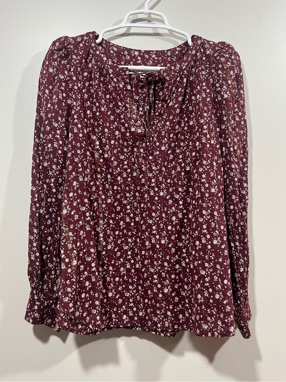 LOFT Maroon Floral Tie-Neck Peasant Blouse Medium